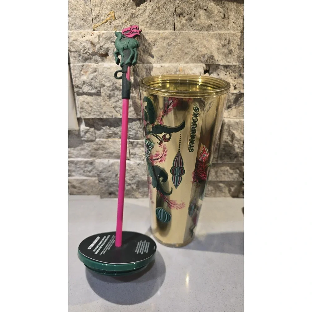 New Starbucks 2024‎ Christmas Holiday Reindeer Pink Straw Topper Tumbler Coll
